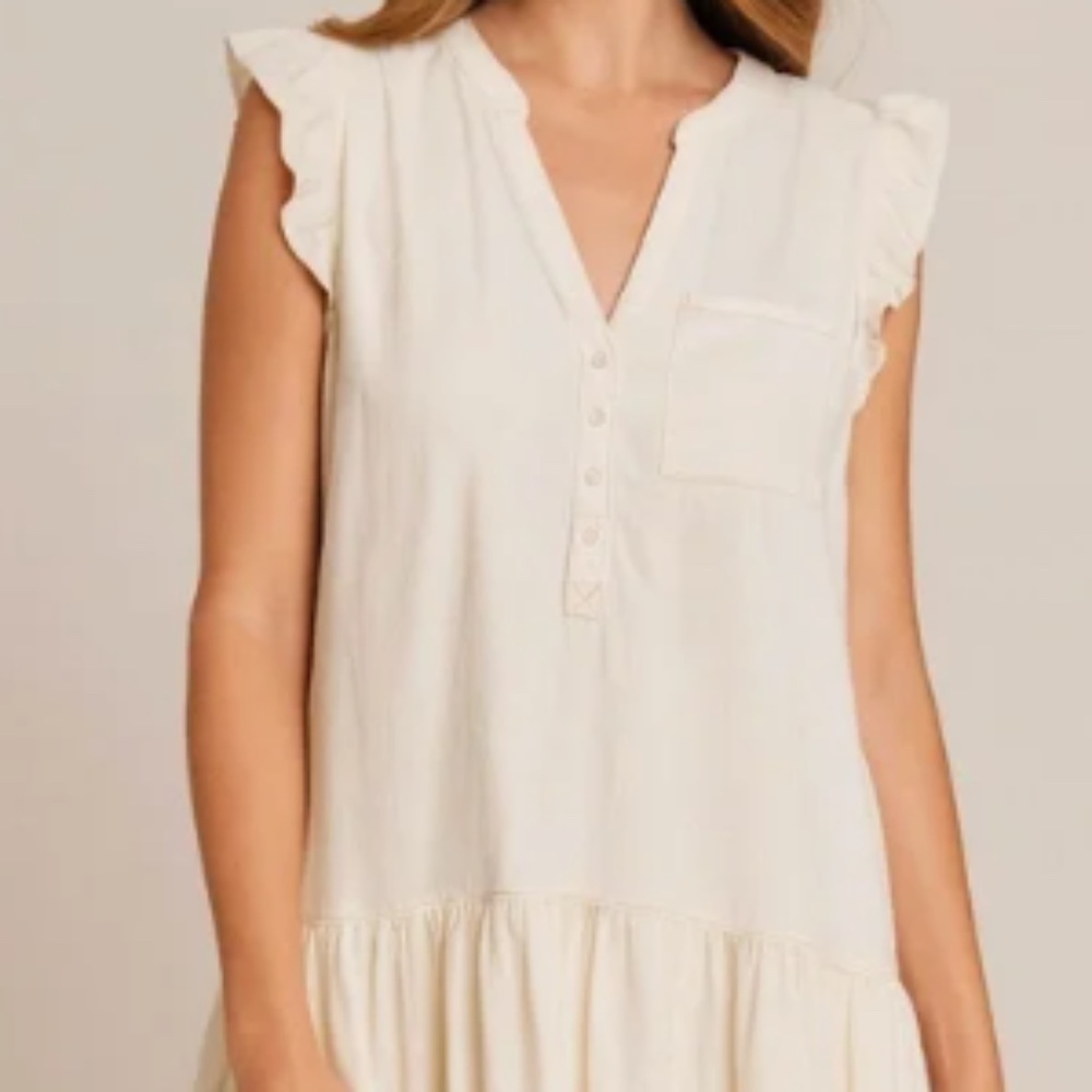 Pilcro Cream Midi Short Sleeve Raw Hem Dress